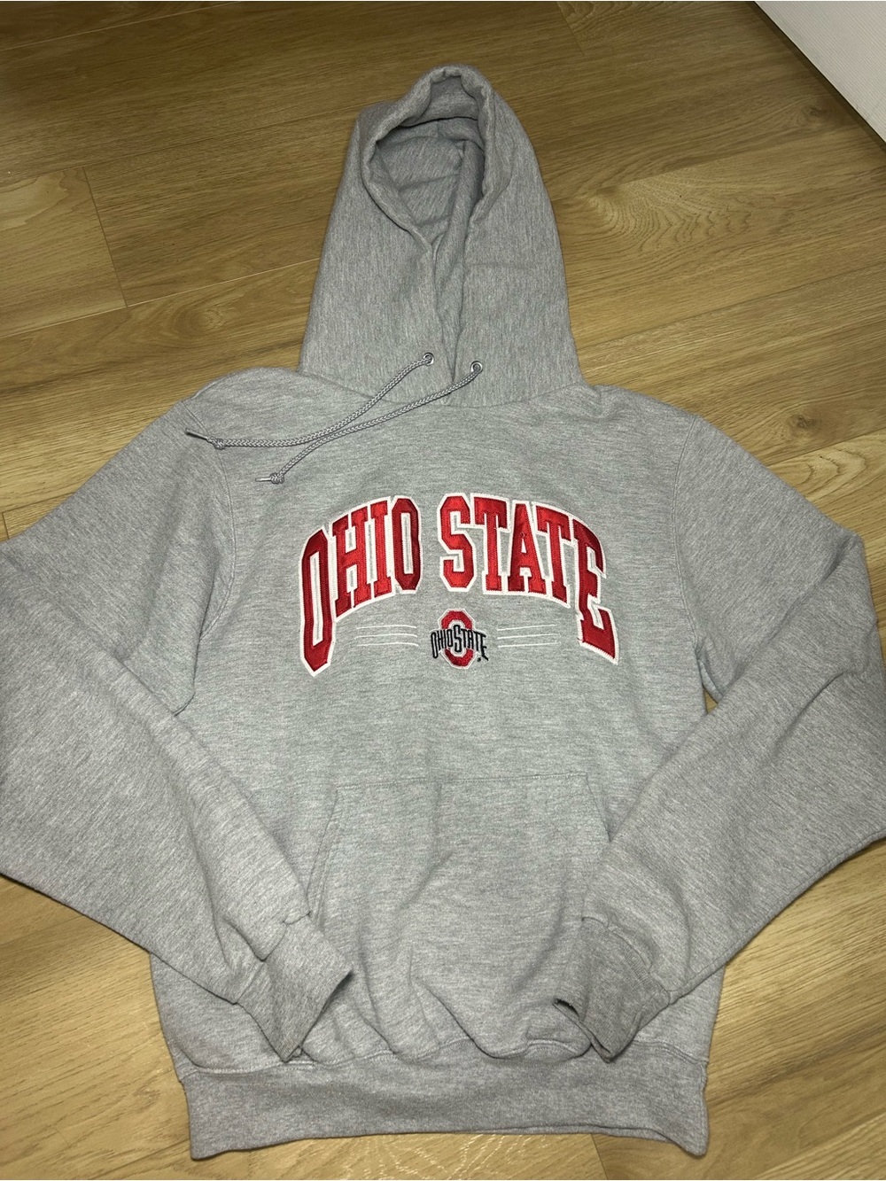 Champion Light Gray Hoodie with Red Lettering